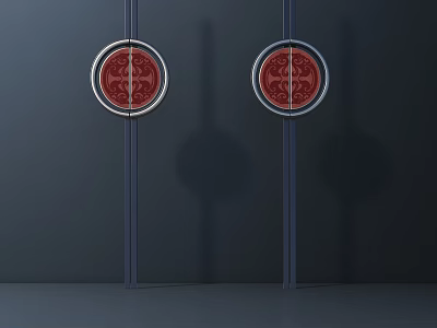 Round Red Decorative Door Handles With Metallic Frame And Dark Background Shadows 3d model