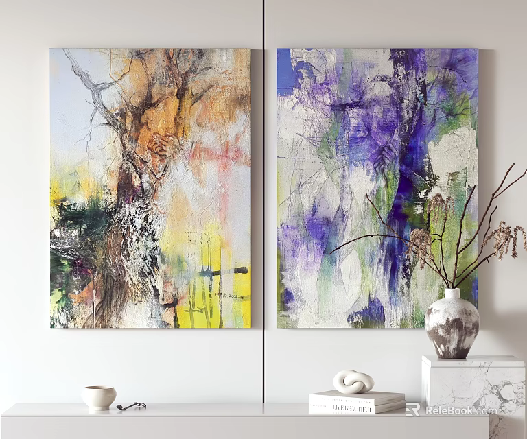 Colorful Abstract Paintings On Wall With Decorative Vase And Home Decor Items 3d model 