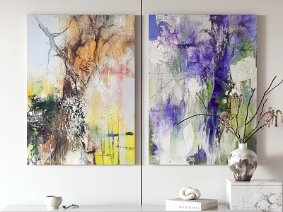 Colorful Abstract Paintings On Wall With Decorative Vase And Home Decor Items 3d model