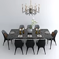 Modern Dining Table Set With Black Chairs Tableware Flower Vase And Chandelier