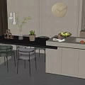 Modern Dining Table Set With Gray Chairs Counter Fruits Plants And Pendant Lights