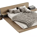 Modern Double Bed With Wooden Frame Minimalist Headboard And Gray Bedding