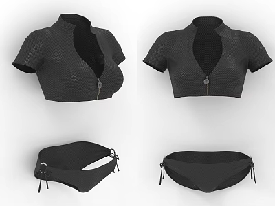 Black Short Sleeved Crop Top With Zipper Detail And Matching High Waisted Shorts 3d model