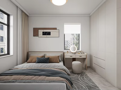 Modern Kids Room Interior Design With White Wardrobe Bed Study Desk Window And Rug 3d model