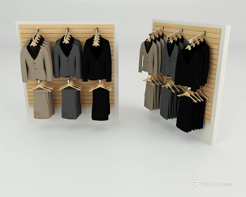 Wooden Retail Clothing Display Racks With Hanging Coats Pants And Jackets 3d model 