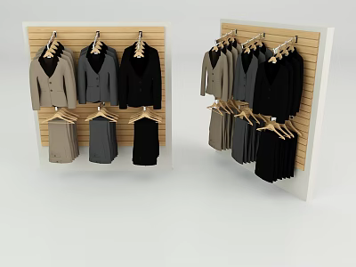 Wooden Retail Clothing Display Racks With Hanging Coats Pants And Jackets 3d model