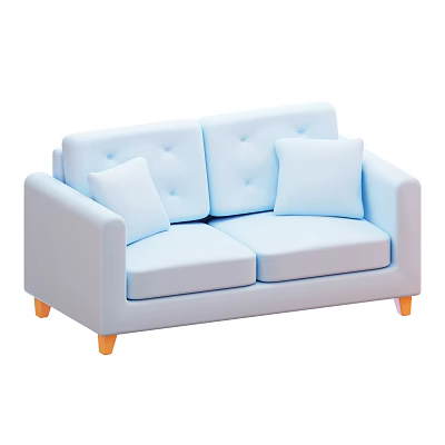 Light Blue Two Seater Sofa With Soft Cushions And Orange Wooden Legs 3d model