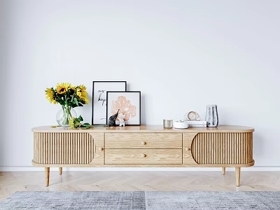 Wooden TV Stand with Drawers Sunflower Bouquet Picture Frames and Decorative Items 3d model