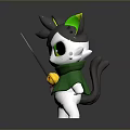 Adorable Gray Cartoon Cat Character With Green Ears Yellow Eyes Green Cape and Stick