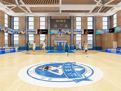 Basketball Gym Featuring Wooden Floor Players Playing Basketball Scoreboard Advertising Boards And Ceiling Design 3d model