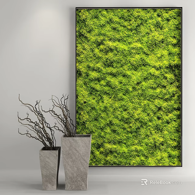 Lush Indoor Moss Wall Interior Design With Decorative Vases And Dry Branches 3d model 