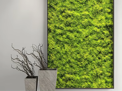 Lush Indoor Moss Wall Interior Design With Decorative Vases And Dry Branches 3d model