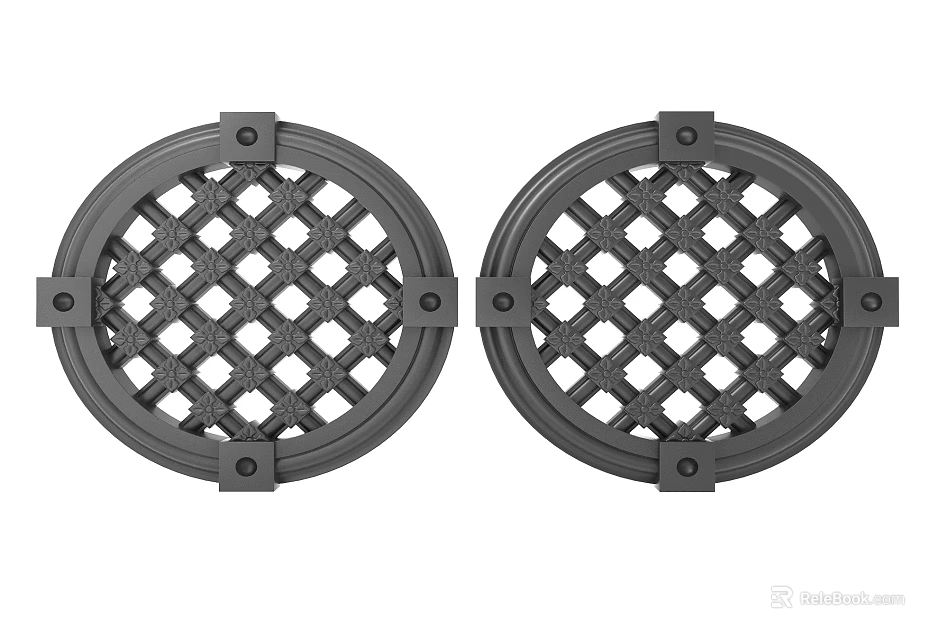 Two Circular Carved Metal Decorative Pieces With Grid Pattern And Rivets 3d model