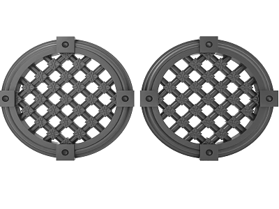 Two Circular Carved Metal Decorative Pieces With Grid Pattern And Rivets 3d model