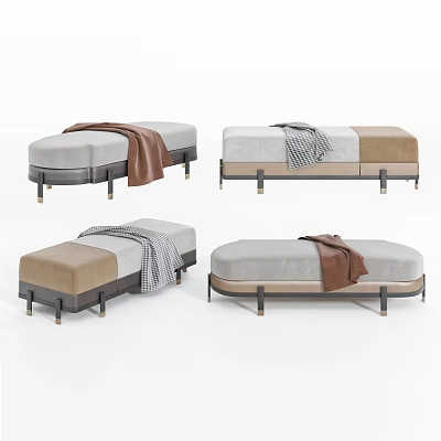 Modern Upholstered Sofa Bench in Gray Beige Brown With Soft Blanket and Metal Legs 3d model
