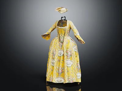Elegant Vintage Yellow Long Dress With Floral Patterns And Hat 3d model