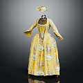 Elegant Vintage Yellow Long Dress With Floral Patterns And Hat