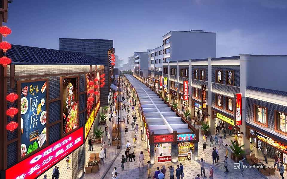 Bustling Commercial Street With Traditional Architecture Shops Evening Illuminated Signs And Crowded Pedestrians 3d model 