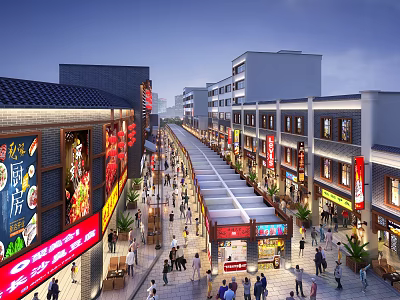 Bustling Commercial Street With Traditional Architecture Shops Evening Illuminated Signs And Crowded Pedestrians 3d model