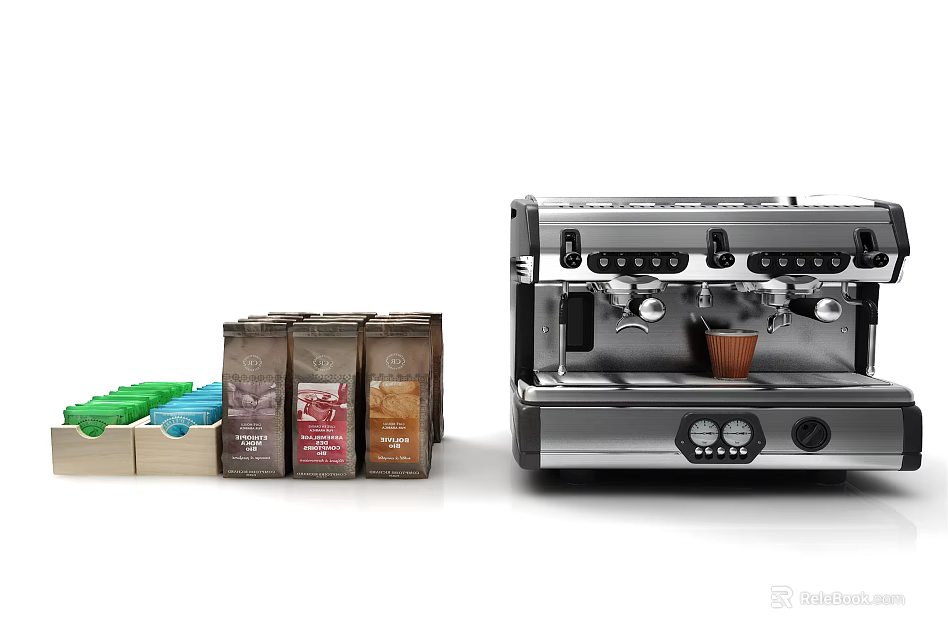 Modern Kitchen Appliance Coffee Machine With Colorful Coffee Pods And Containers 3d model 