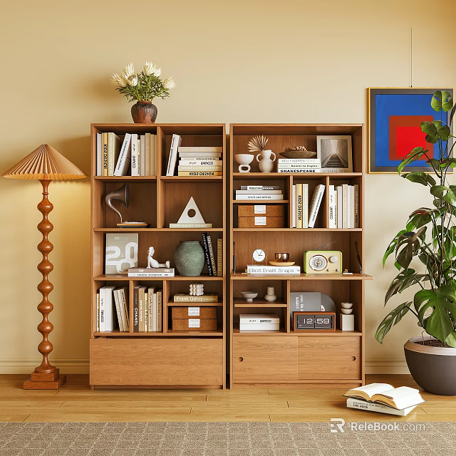 Wooden Bookcase With Open Shelves Books Decorative Items Vase Frame Floor Lamp And Potted Plant 3d model 