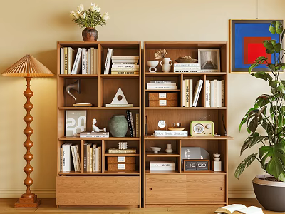 Wooden Bookcase With Open Shelves Books Decorative Items Vase Frame Floor Lamp And Potted Plant 3d model