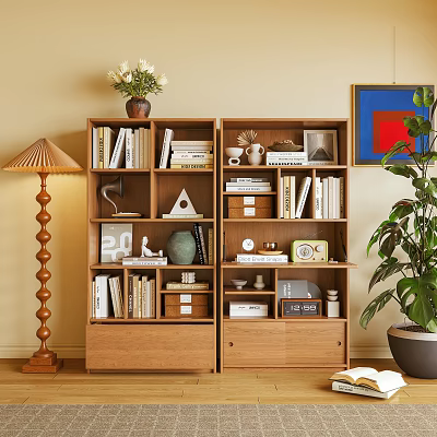 Wooden Bookcase With Open Shelves Books Decorative Items Vase Frame Floor Lamp And Potted Plant 3d model