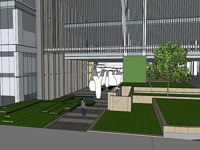 Modern Building Entrance Landscape Design With Green Lawn Trees And Pathway 3d model
