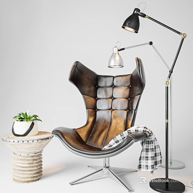 Leather Accent Chair Unique Wingback Design With Floor Lamp Round Side Table Plant Plaid Blanket 3d model 