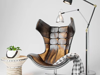Leather Accent Chair Unique Wingback Design With Floor Lamp Round Side Table Plant Plaid Blanket 3d model