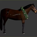 Brown Horse Adorned With Green Garland And Golden Ornaments On Gray Background