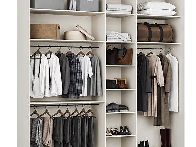 Organized Wardrobe Interior with Hanging Clothes Folded Items Bags and Shoes Storage 3d model