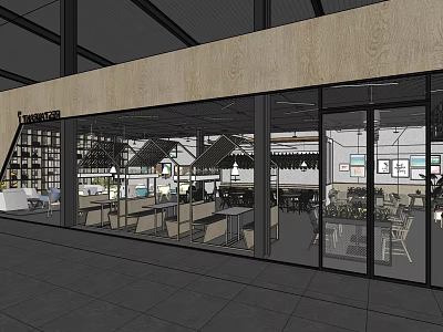 Modern Cafe With Glass Facade Interior Tables Chairs Open Layout And Lighting 3d model