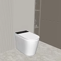 Modern Smart Toilet With Black Panel Sleek White Design And Vertical Striped Bathroom Wall