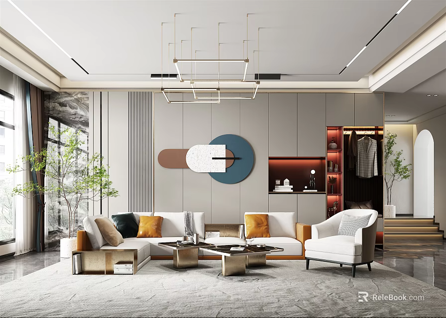 Modern Living Room Interior Design With Sofa Coffee Table Chandelier And Decorative Plants 3d model 