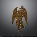 Golden Female Statue With Wings And Armor Holding Scepter On Black Background