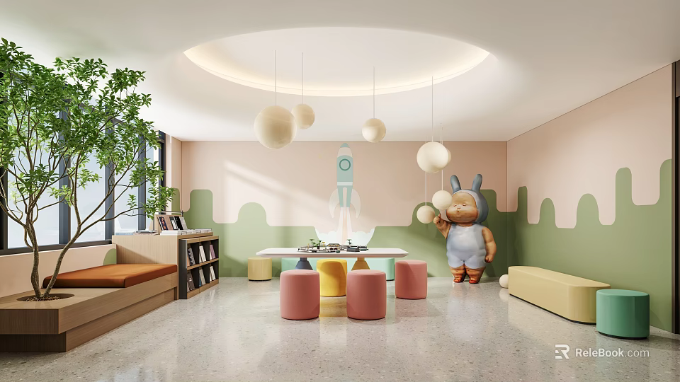 Cheerful Kindergarten Interior With Rocket Cartoon Rabbit Colorful Seats And Plants 3d model 