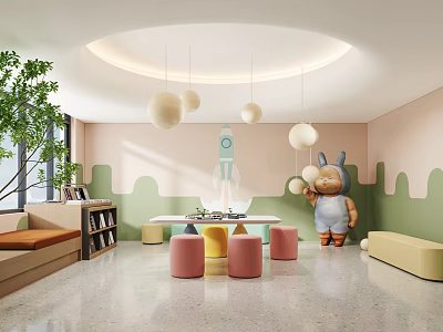 Cheerful Kindergarten Interior With Rocket Cartoon Rabbit Colorful Seats And Plants 3d model