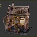 Cartoon Scene of Charming Wooden Cottage with Tiled Roof Stone Staircase and Flower Beds