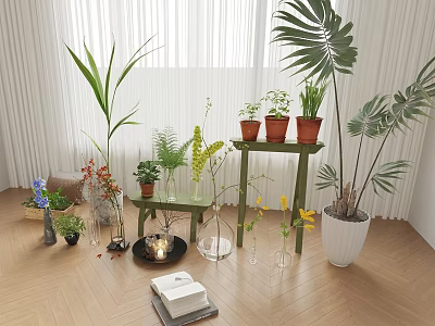 Indoor Plant Combination With Tall Palm Leaves Potted Plants Green Shelf And Decorative Vases 3d model