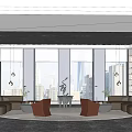 Hotel Public Lounge With Comfortable Sofas Bookshelves Hanging Lamps And City Skyline View