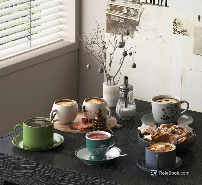 Hot Coffee Beverages In Colorful Mugs With Cookies And Cinnamon Sticks On Kitchen Table 3d model 