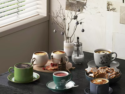 Hot Coffee Beverages In Colorful Mugs With Cookies And Cinnamon Sticks On Kitchen Table 3d model