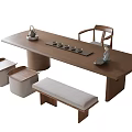 Simple Modern Tea Table and Chairs With Bench Tea Set and Small Decorative Statue 3d model