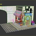 Cute Miniature Shopfront Model With Blue Awning Wooden Door Windows And Brick Pavement