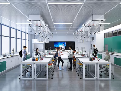 Modern Laboratory with Lab Tables Students Conducting Experiments Large Windows Green Walls and Ceiling Equipment 3d model