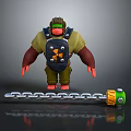 Muscular Gorilla in yellow shirt green goggles black backpack with radiation symbol and chain weight
