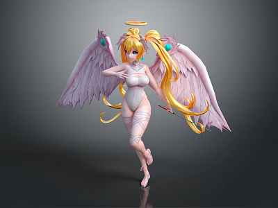 Angelic Character With Blonde Hair Pink Wings Green Gems Halo Leotard And Leg Bandages 3d model