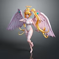 Angelic Character With Blonde Hair Pink Wings Green Gems Halo Leotard And Leg Bandages