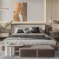 Modern Minimalist Bedroom Featuring Comfortable Bed Nightstand Plants Desk Chair And Beach Painting